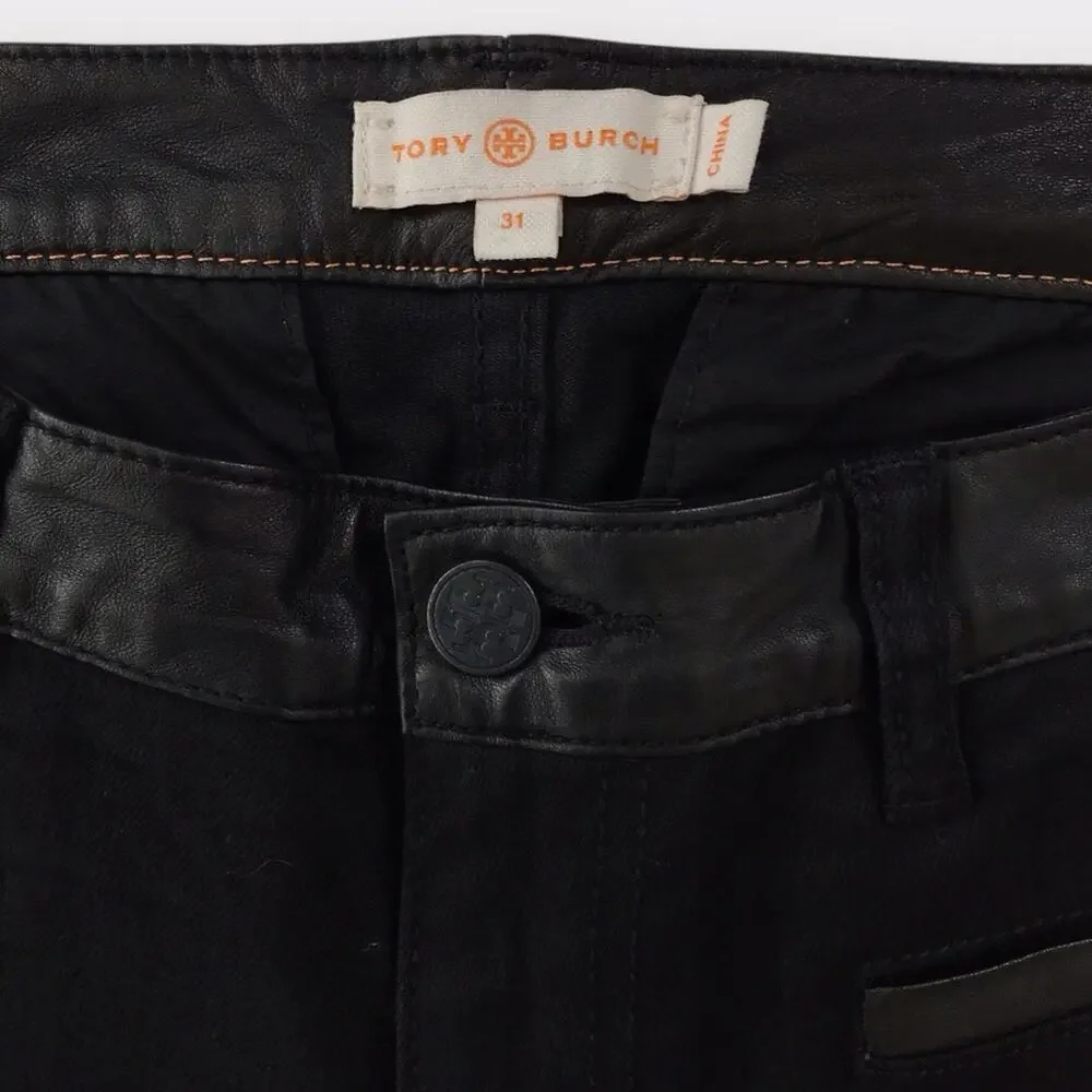 Tory Burch Black Denim & Leather Skinny Jeans Dressy or Casual Size 31